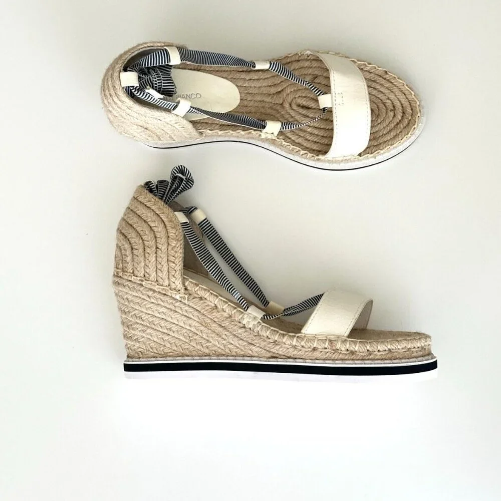 NEW TONY BIANCO Ankle Wrap Espadrille Wedge Sandals in White/Blue Stripe Size 8